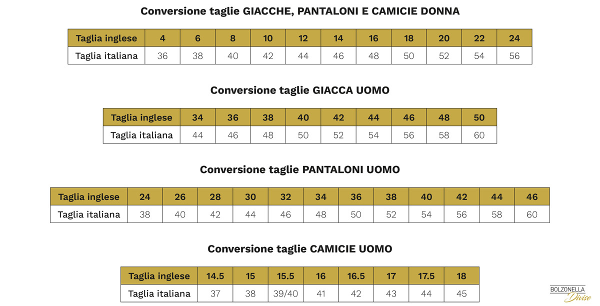 Conversione taglie inglesi